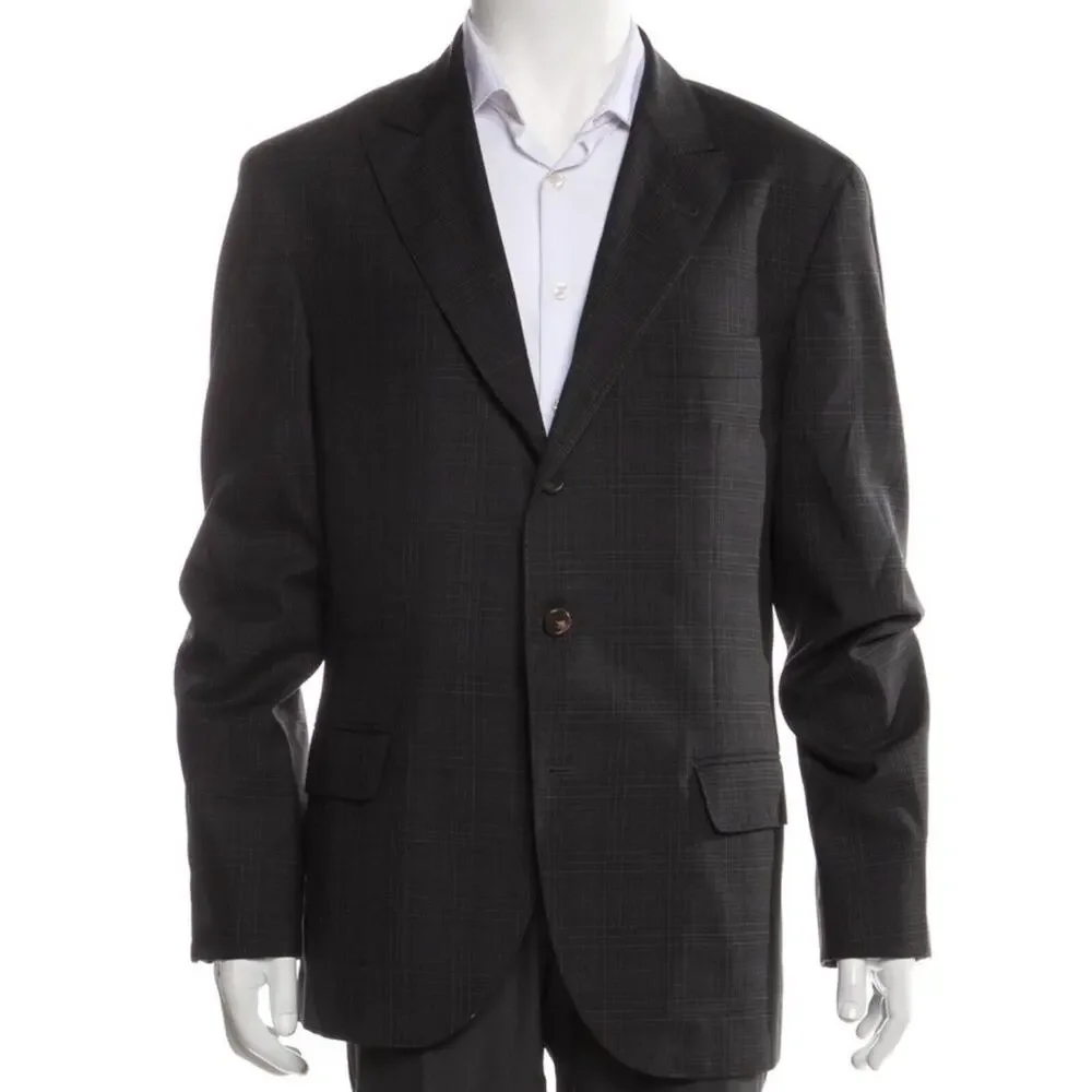 Brunello Cucinelli Charcoal Gray Plaid Peak Lapel Blazer Sportcoat Jacket 54/44